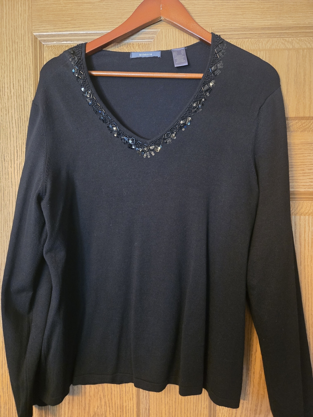Liz Claiborne Black V-Neck Long Sleeve Top with Beaded Trim